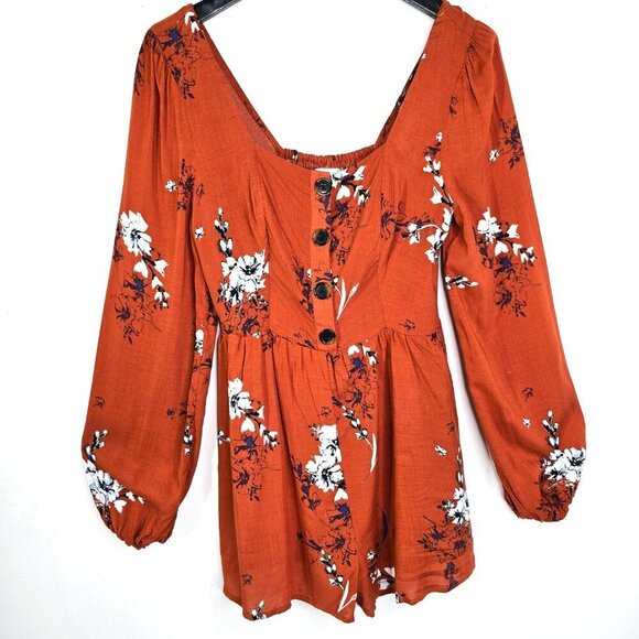 NWT Urban Outfitters High Rise Romper Puff Sleeve Brown Orange Medium - Picture 3 of 10